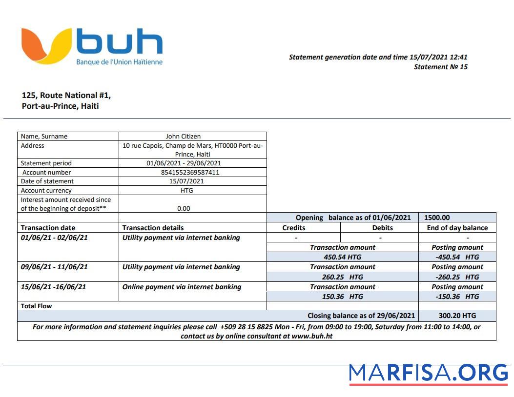 Printable Haiti BUH bank statement word sample
